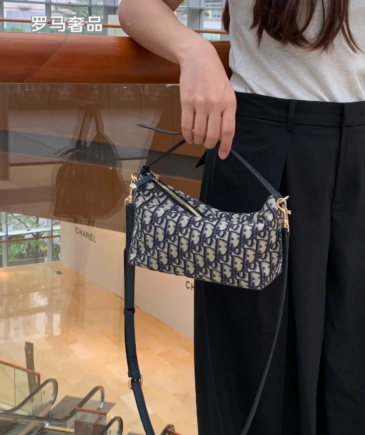 Vintage Inspired Monogram Canvas Shoulder Bag with Adjustable Strap - Navy Blue & Grey