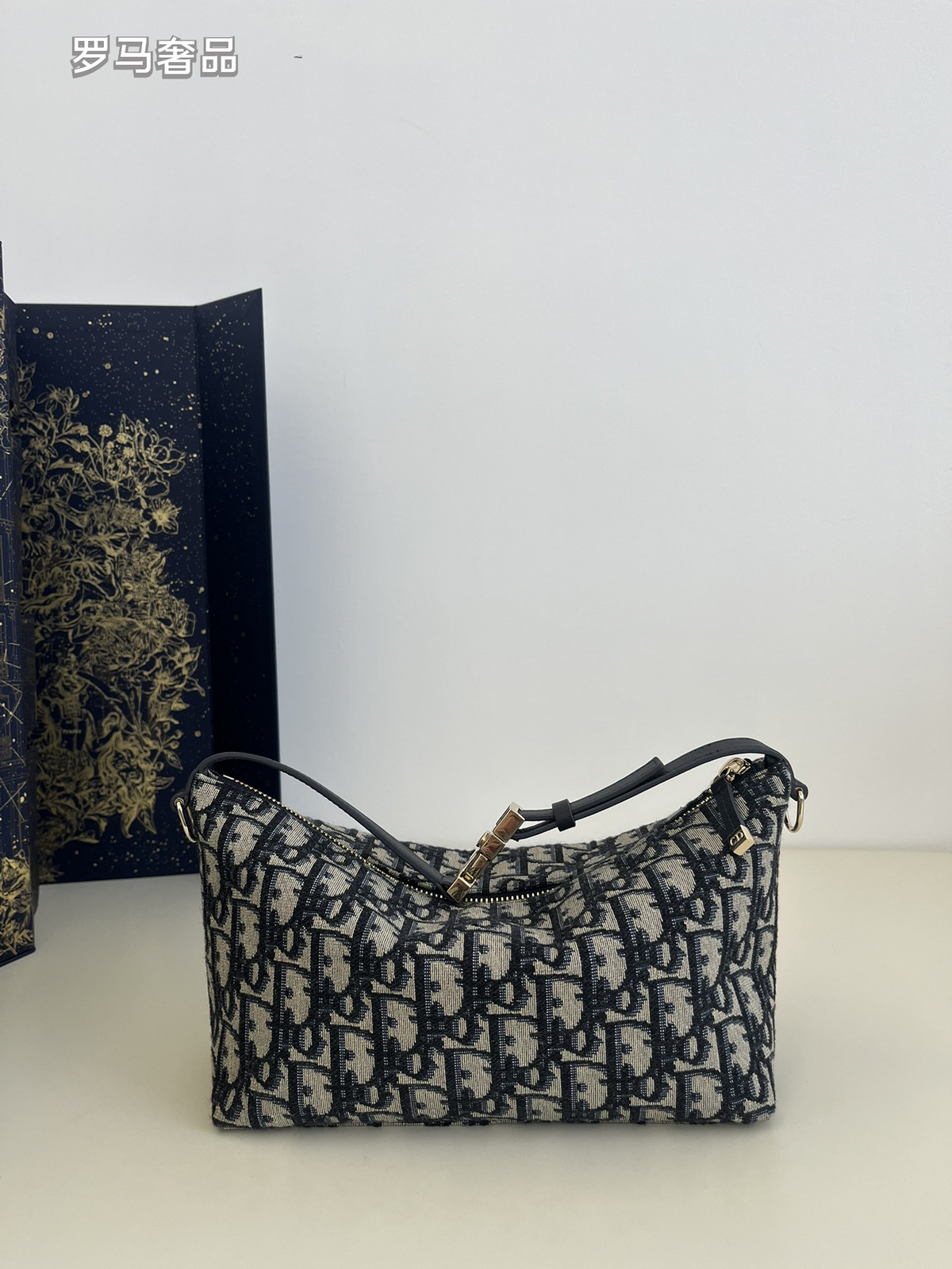Vintage Inspired Monogram Canvas Shoulder Bag with Adjustable Strap - Navy Blue & Grey